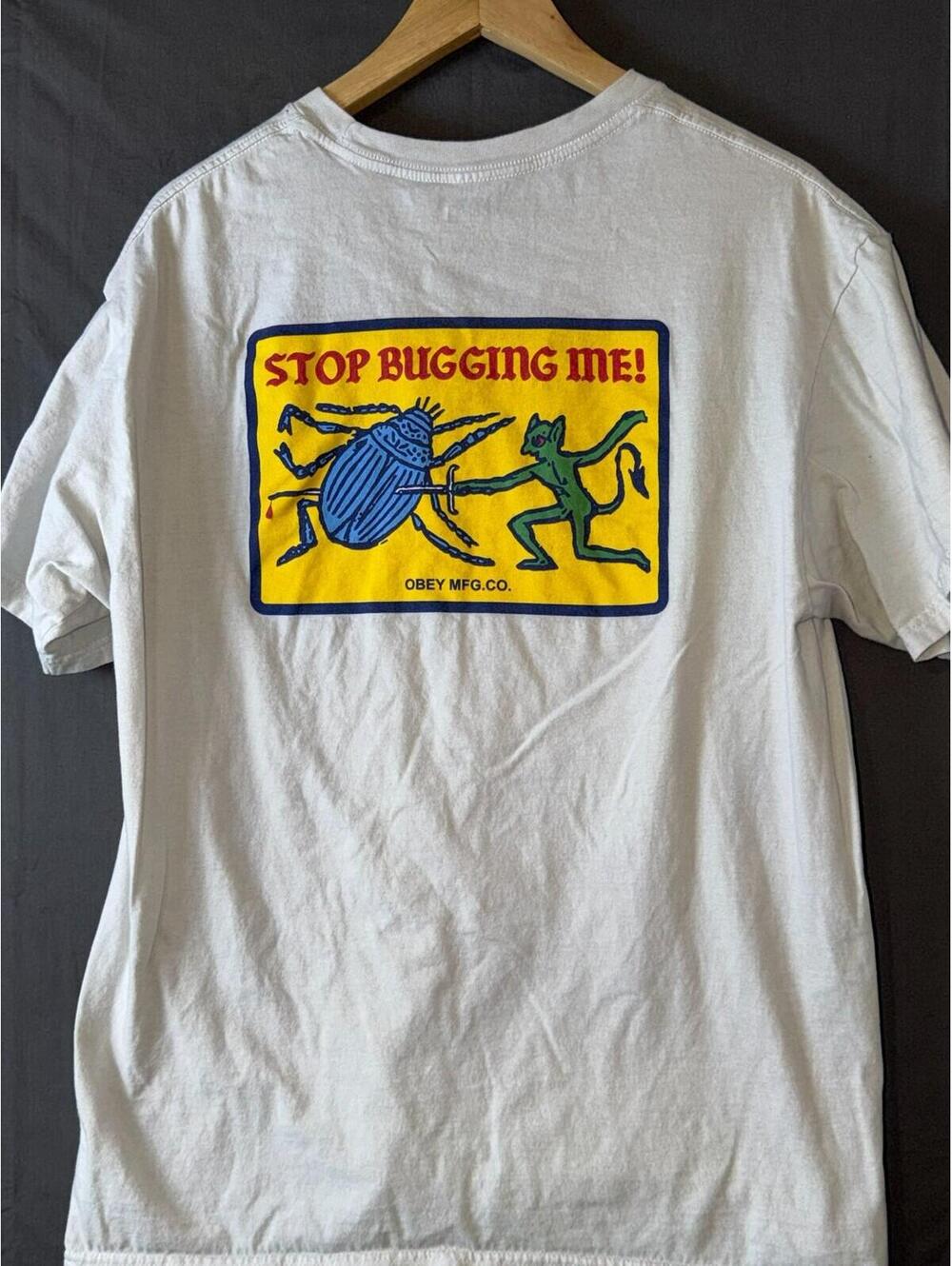 Obey Stop Bugging Me Shirt Large White Devil Beetle Graphic Tee Mens L Cotton - Picture 7 of 7